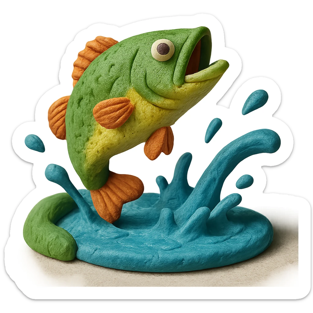 bass jumping out of a pond with water splashes, playful and colorful, claymation style sticker