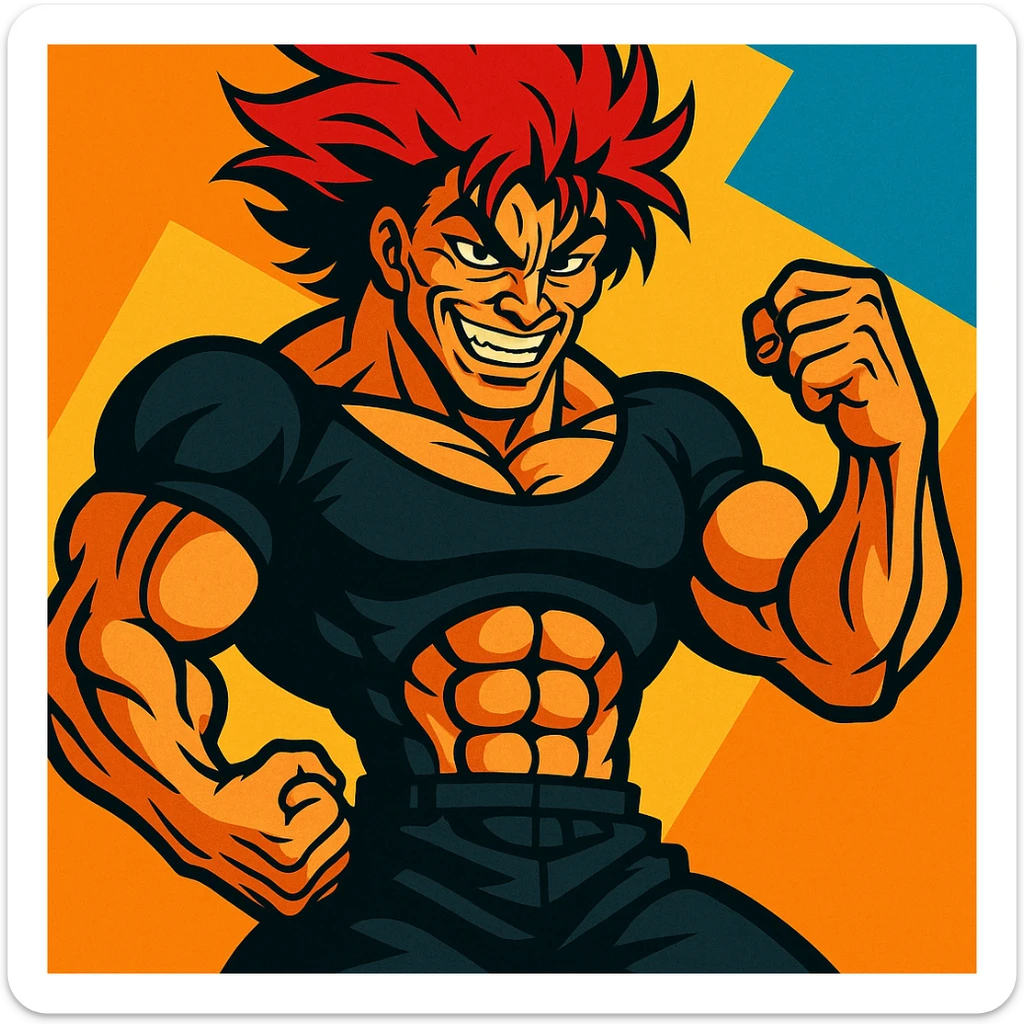 Yujiro Hanma, muscular anime character with a menacing grin, red spiky hair, powerful stance, detailed illustration style sticker