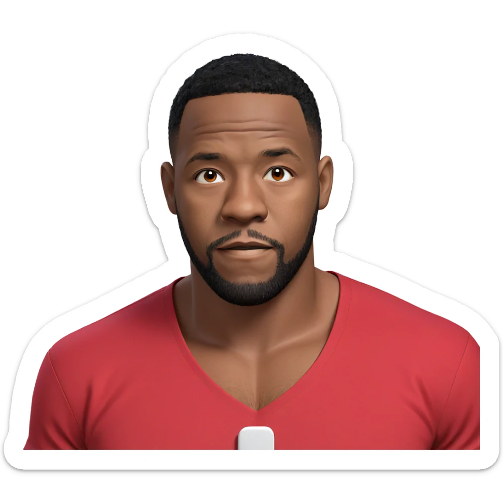 male portrait with red shirt sticker