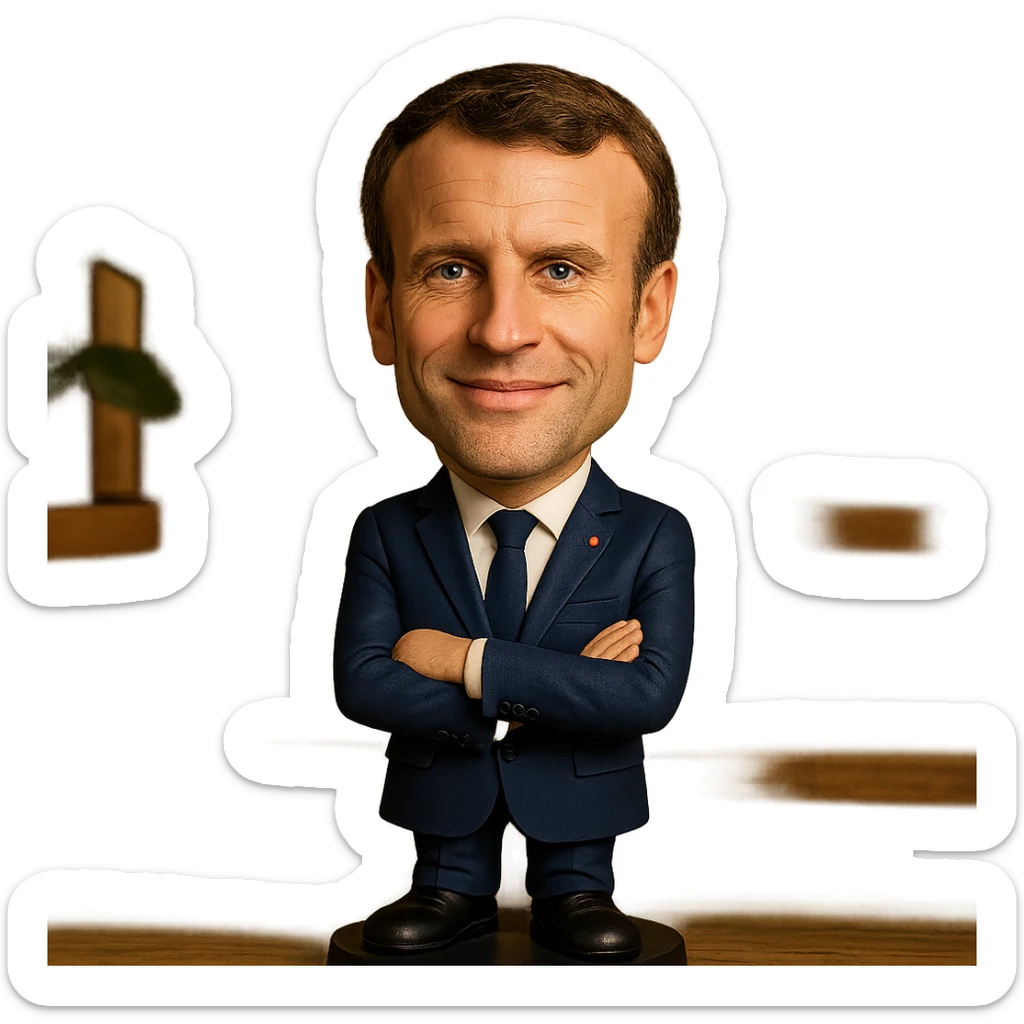 bobblehead style figure of Emmanuel Macron, French president, suit and tie, oversized head, confident smile sticker