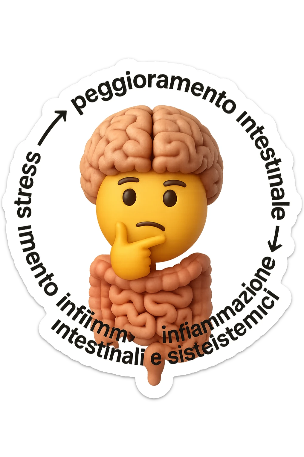 EMOJI STILE IPHONE 3D DI un cerchio con queste scritte che girano intorno "stress → peggioramento intestinale → aumento infiammazione → peggioramento sintomi intestinali e sistemici." al centro del cerchio metti un cervello e intestino umani collegati verticalmente con espressione dubbiosa in volto, FALLO MOLTO REALISTICO IN 3D sticker