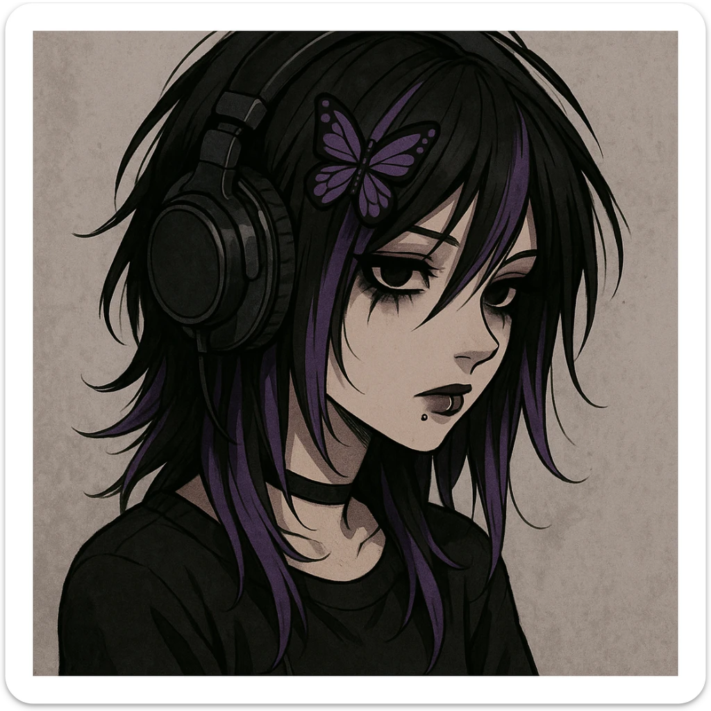 emo girl with headphones, purple highlights, butterfly hairpin sticker