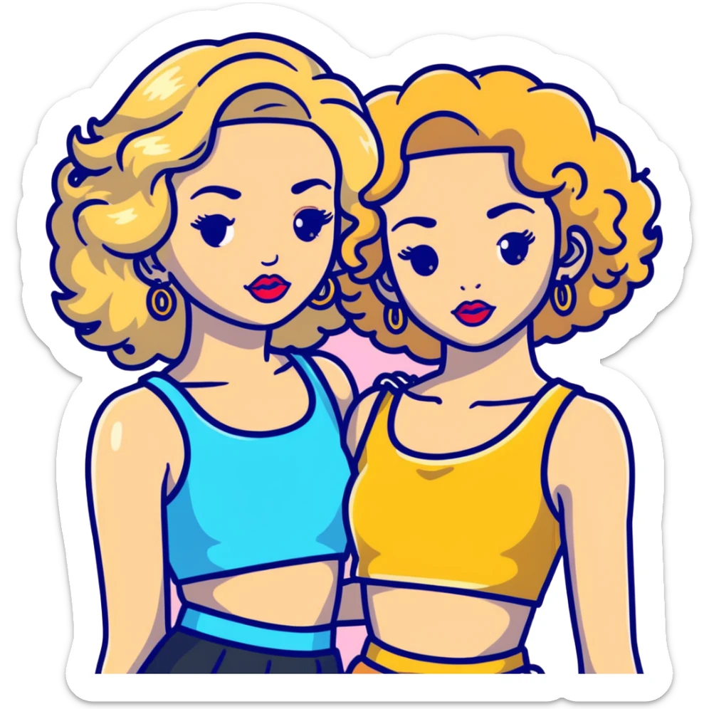 Two teenage girls together, one blonde and one with curly brown hair, both with heavy makeup, big lips, crop tops, gold jewelry and flashy choni style outfits sticker