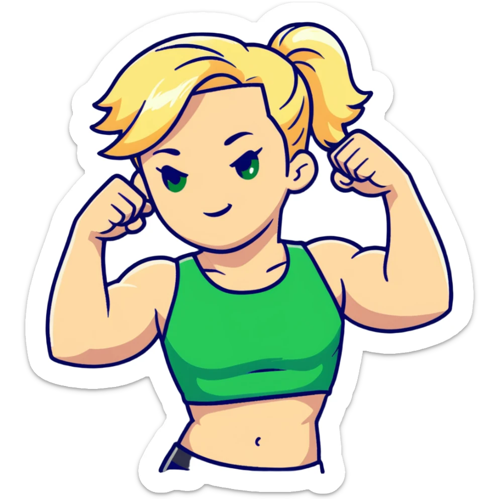 full body pose of a muscular white girl with blonde hair and green eyes, flexing 6 pack abs and one arm bicep sticker