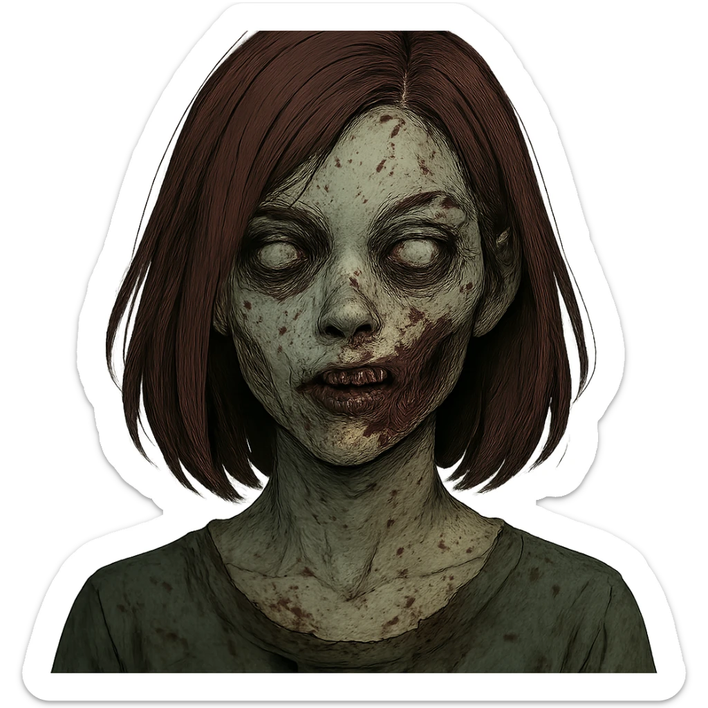 girl with medium length straight burgundy hair, eyebrow slit, zombie style sticker