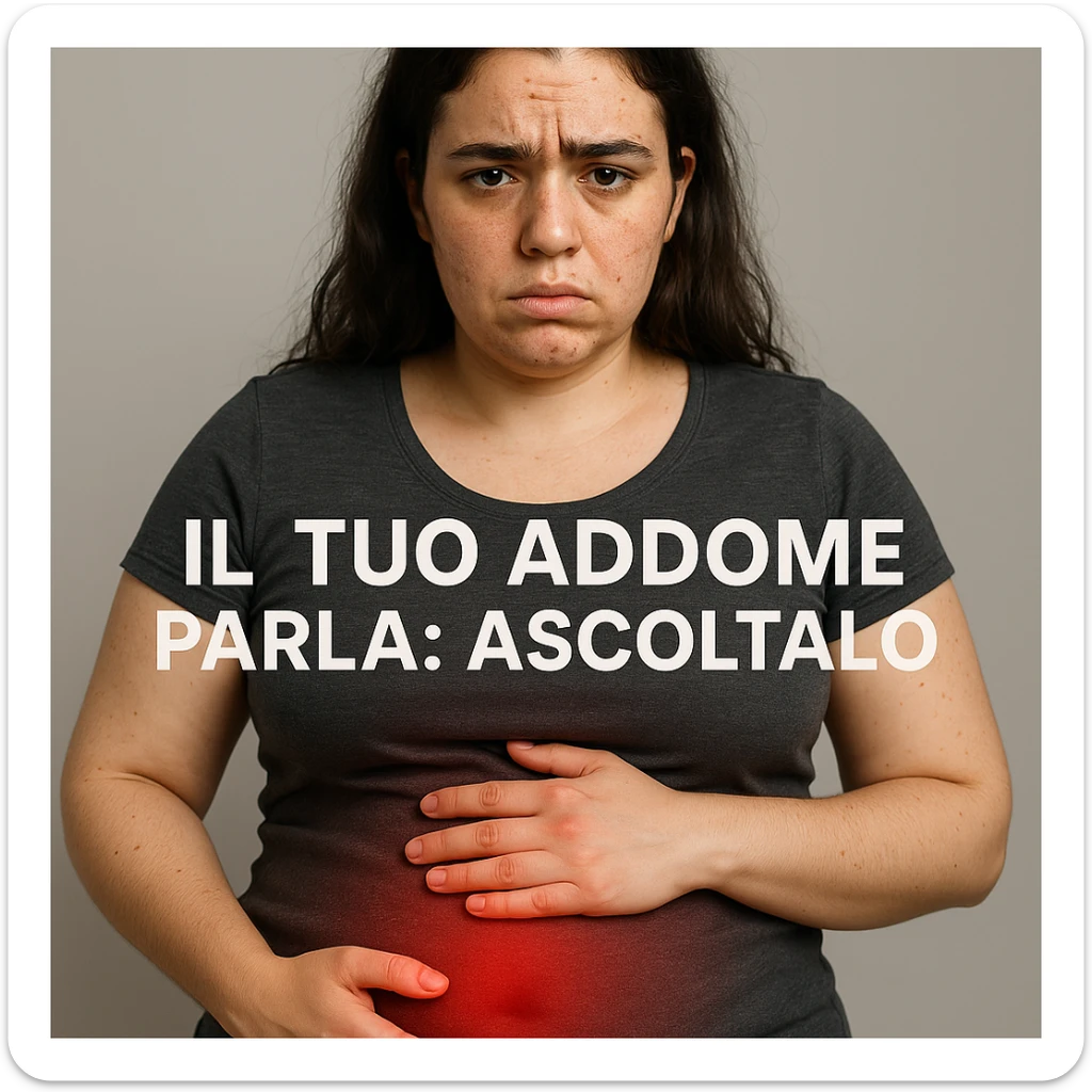 Primo piano di una donna con PCOS, sguardo preoccupato, pancia gonfia evidenziata da una luce rossa, testo in italiano: 'Il tuo addome parla: ascoltalo', sfondo neutro, qualità 4K sticker