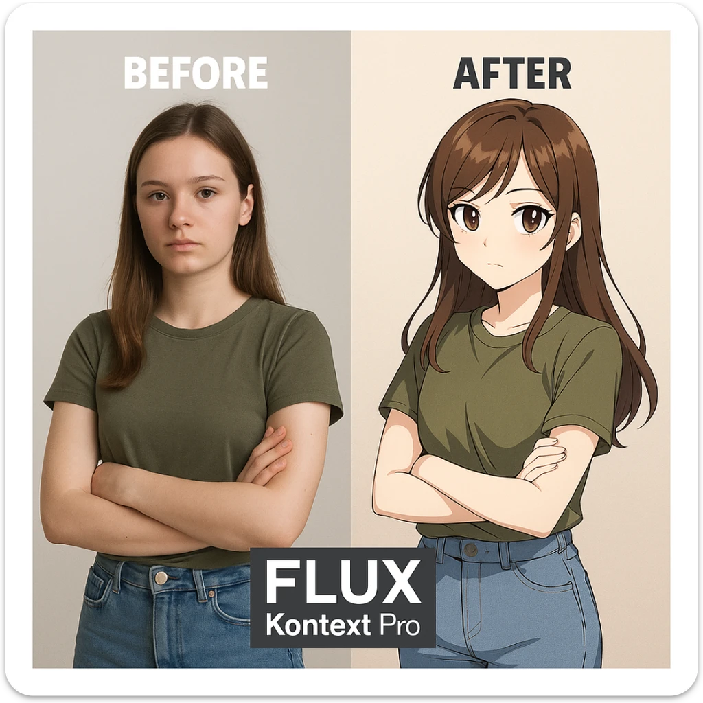 create before after image of a girl before is realsitic photo, after is anime version of her in same pose and clothes, add logo with text of a "FLUX Kontext Pro" sticker