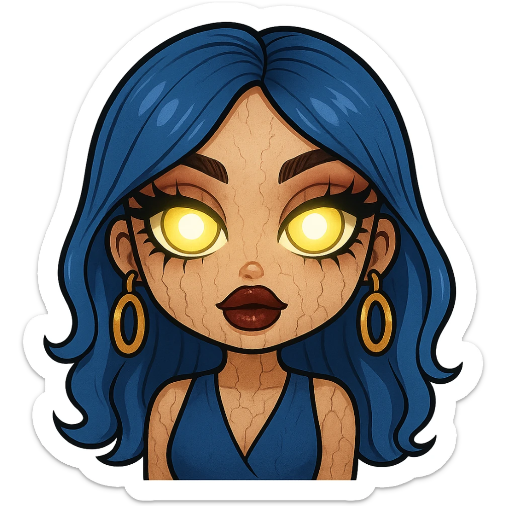 Add glowing eyes to the character, keep the creepy gyaru style with blue hair and pretty makeup, bratz baddie vibe, in emoji style with no background. sticker
