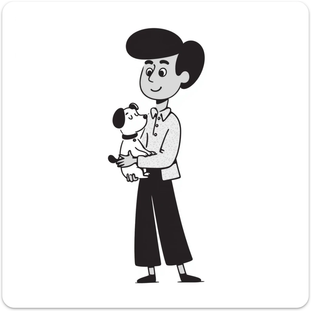Mexican man with black hair and brown eyes wearing a shirt and black pants, holding a small white dog with one brown ear sticker