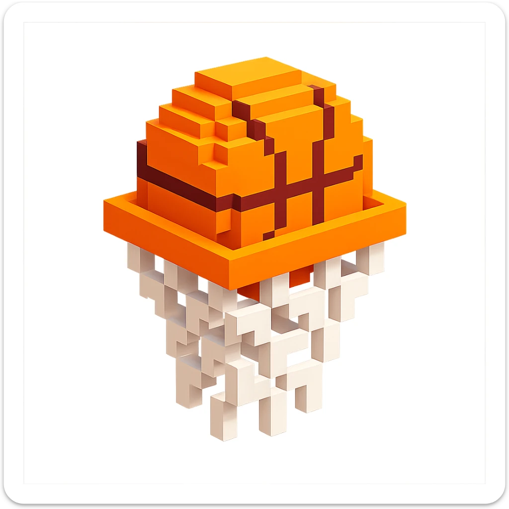 A voxel-style basketball in a net, monochromatic and sleek sticker