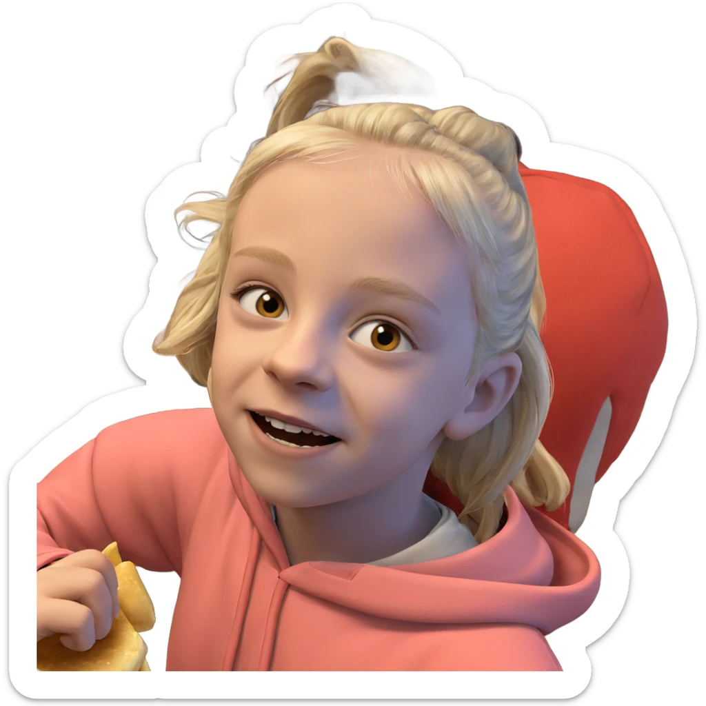 blonde in hood enjoying food sticker