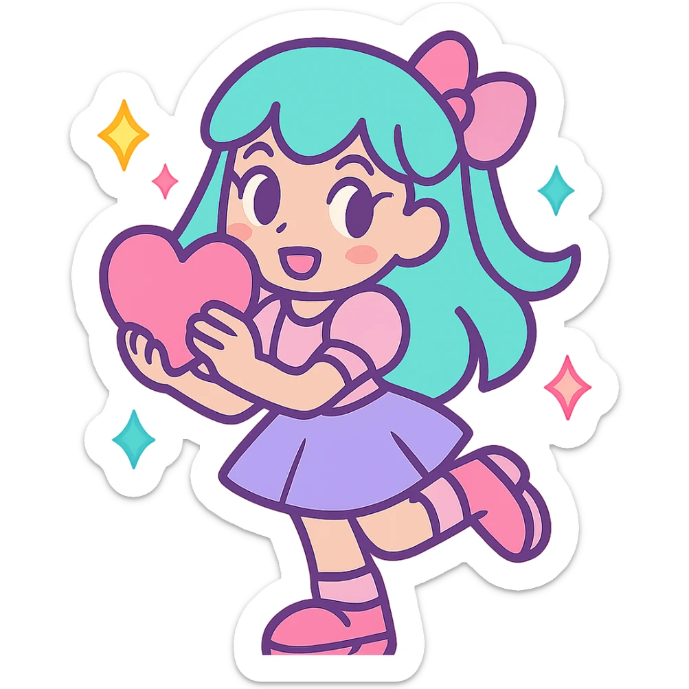 girly girl in pastel colors holding a heart, sparkles, playful pose, vibrant toon style sticker
