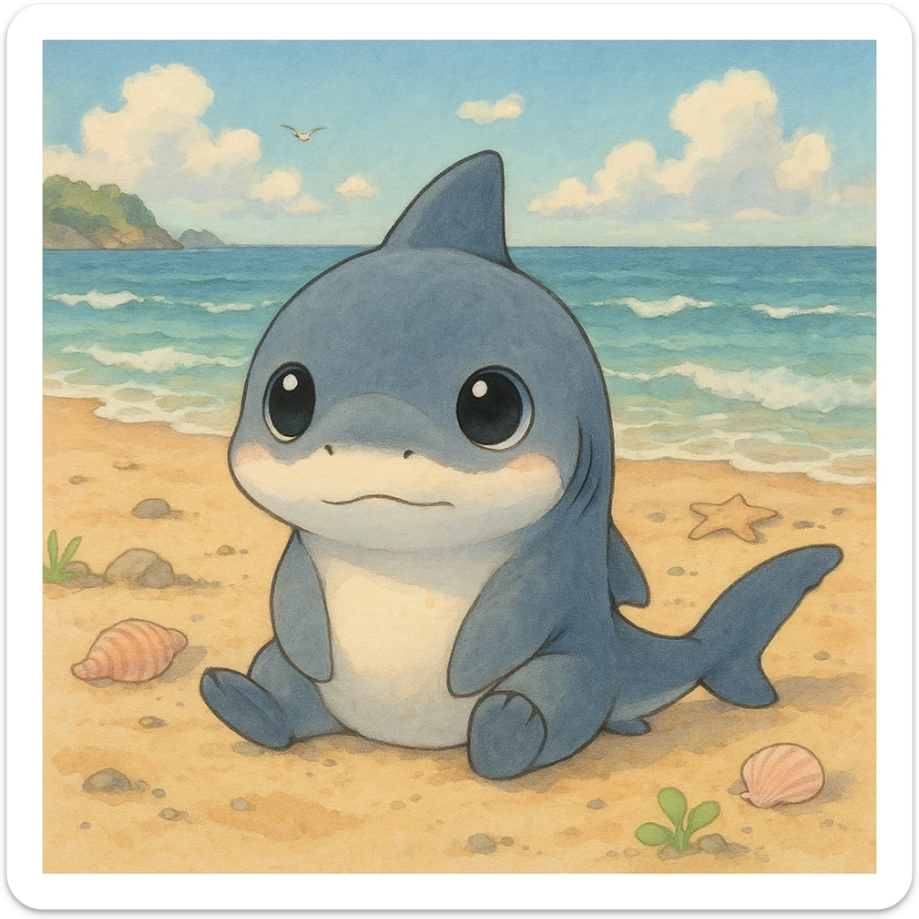 baby shark sitting on the sand, cute big eyes sticker