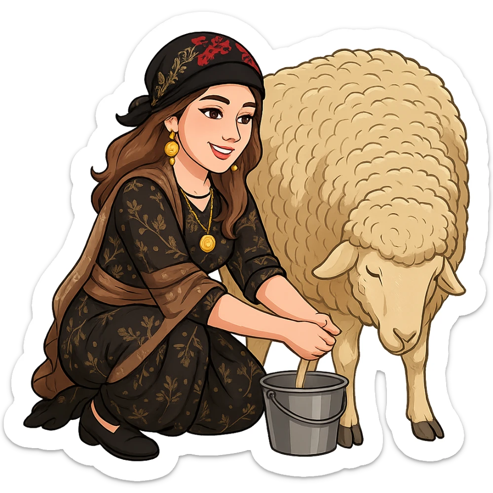 Create a Kurdish cartoon sticker of the same woman in a new Kurdish dress, milking a goat or sheep in the exact pose and hand position as shown in the reference photos. The style should be realistic and clear cartoon style with no text and a transparent background. sticker