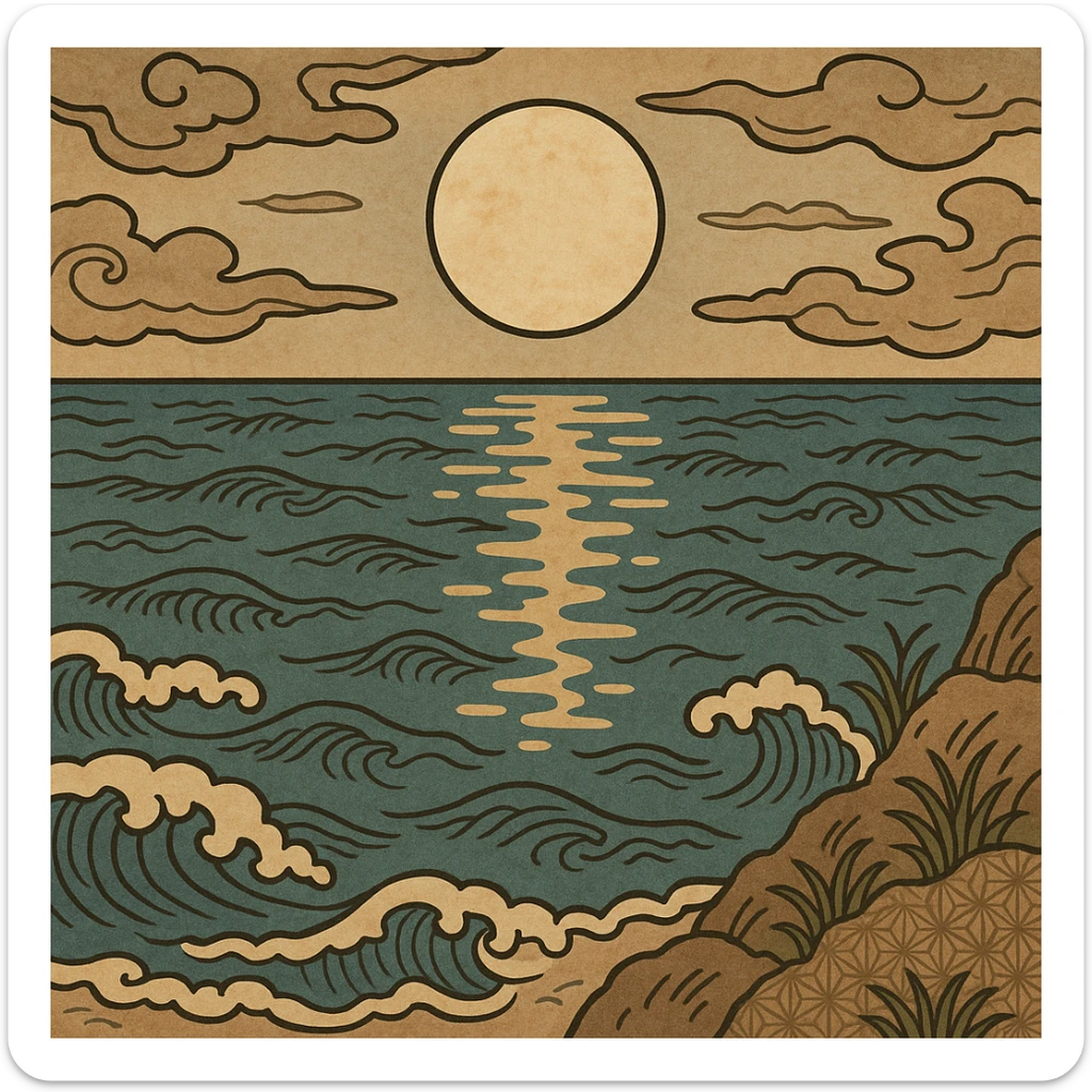 moon reflecting on the sea, style 6, ukiyo-e inspired cartoon illustration of moonlight on sea sticker