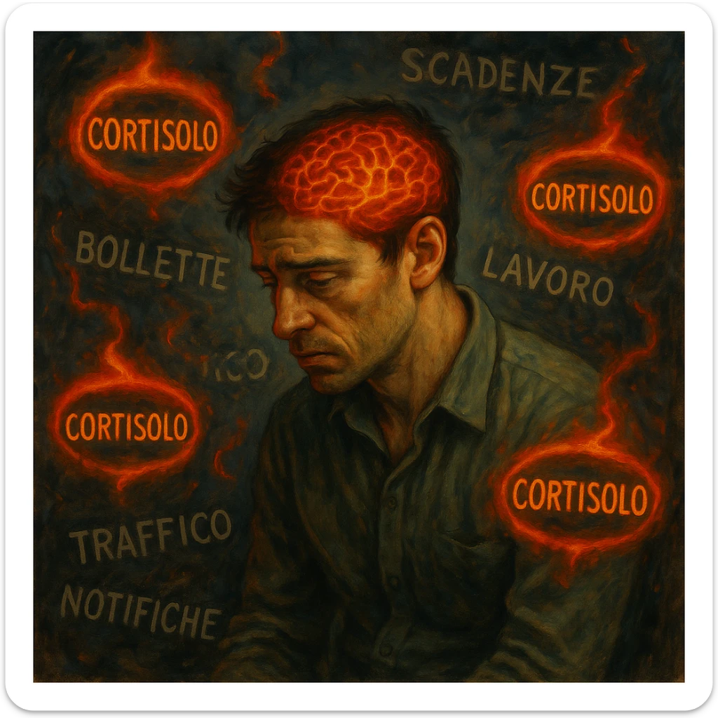 semi-realistic, symbolic surrealism; man in his thirties with tired eyes, tense muscles, curved posture, floating symbols 'Cortisolo' in Italian with orange-red aura; chaotic background with Italian words: 'bollette', 'scadenze', 'lavoro', 'traffico', 'notifiche'; visible brain with red-orange neural activity, moody lighting, stressed expression sticker