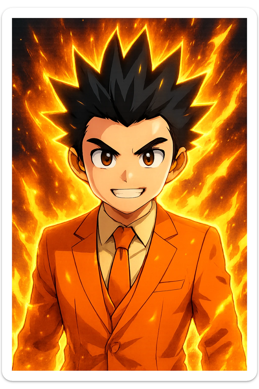 Add a glowing power-up aura around the determined anime character with spiky black hair. Keep the background transparent. The style should resemble a vibrant anime illustration with dynamic glowing effects around the character's hair and body. sticker