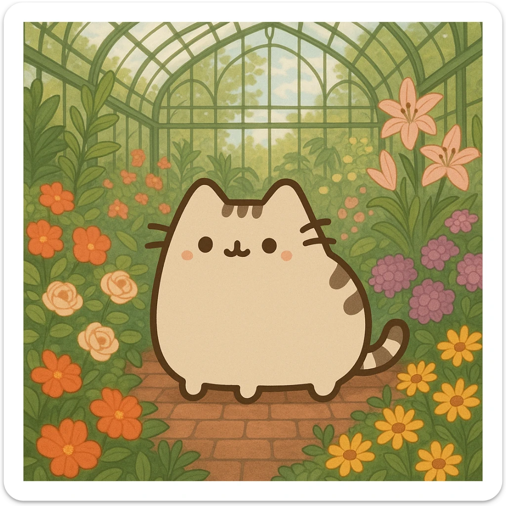 beige pusheen kitten in a botanical garden greenhouse filled with flowers sticker
