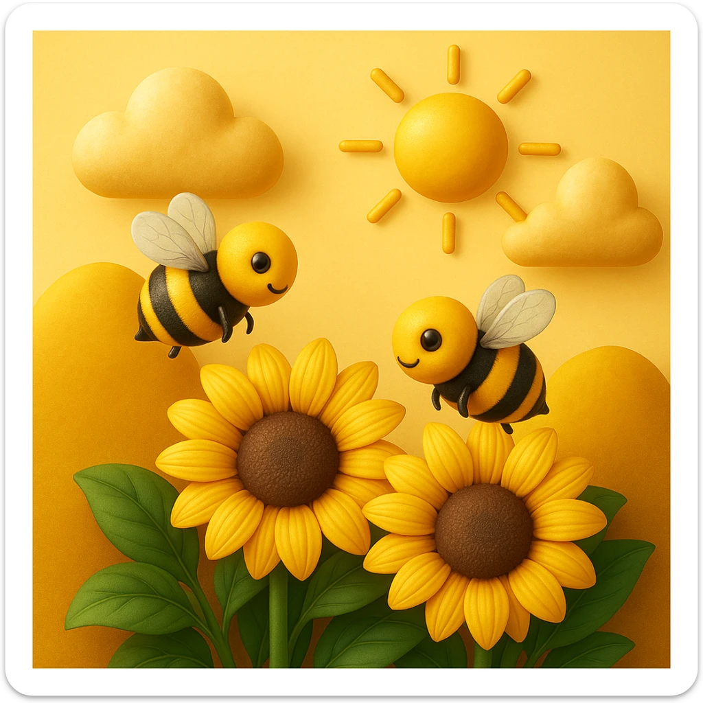 3D iOS style emoji of sunflowers with bees, a sun, and clouds in the background, mimicking the colors and composition of the reference image, add more details sticker