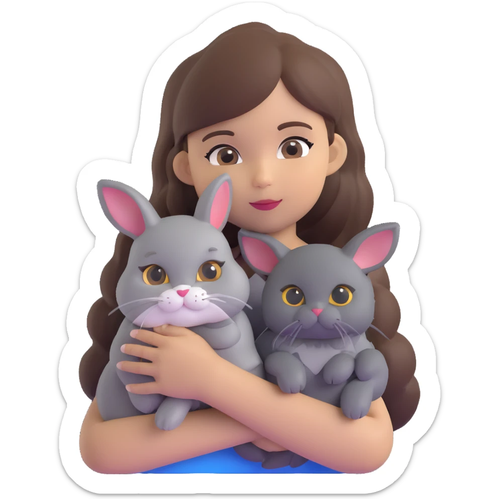 brunette chinita girl holding a brown holland lop rabbit, gray persian cat, and black kitten sticker