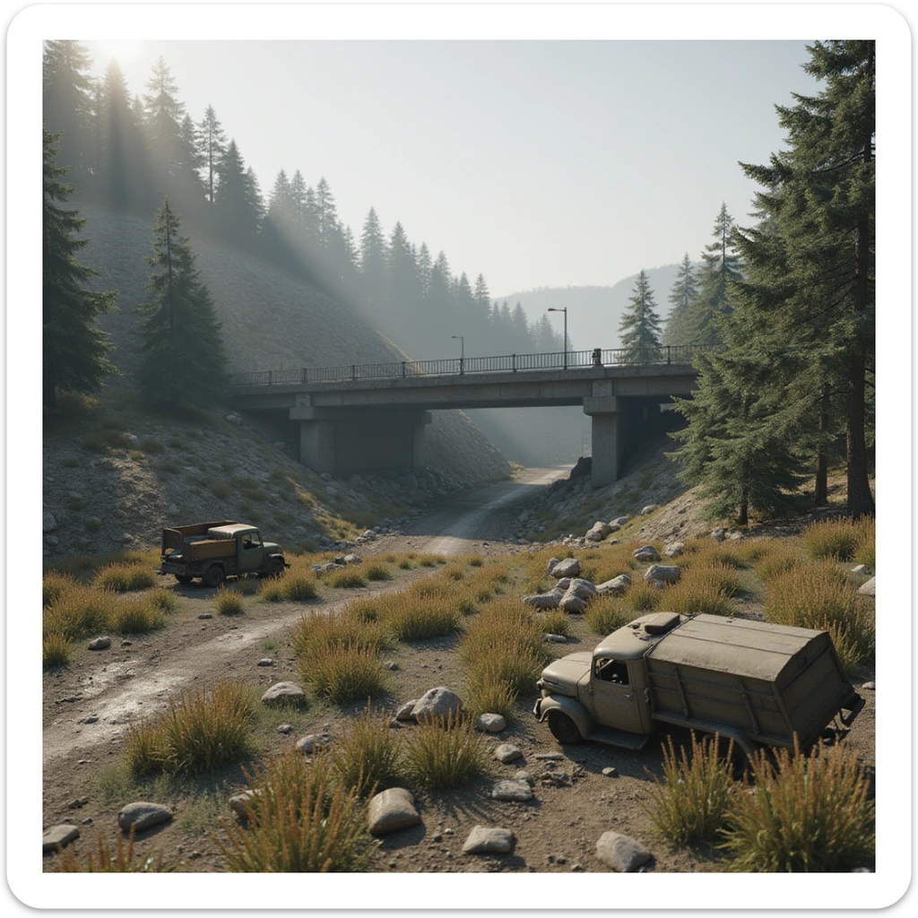  a screenshot of a location in a videogame  the image of the scene consists of:  [above-ground freeway partially collapsed], a wooded area, a small field of wheat, sandbag barricades. distant smoke. uneven terrain, derelict vintage work trucks, more distant smoke. polluted and war-torn sticker