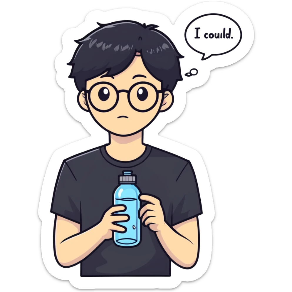 asian guy with glasses, kpop middle-part black hair, wearing a black t-shirt, holding an empty water bottle, thought bubble saying “i could” sticker