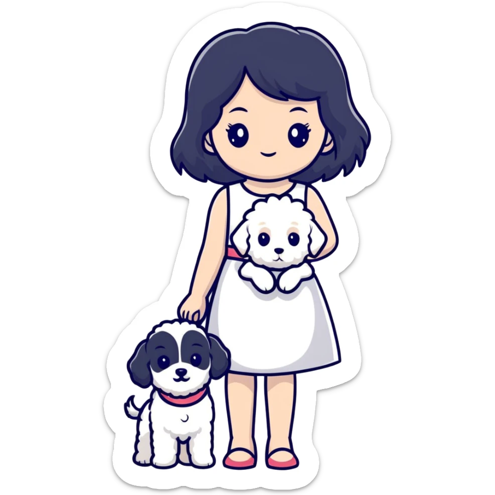 A beautiful girl with long black hair wearing a white dress holds a small white Bichon Frise in her arms sticker