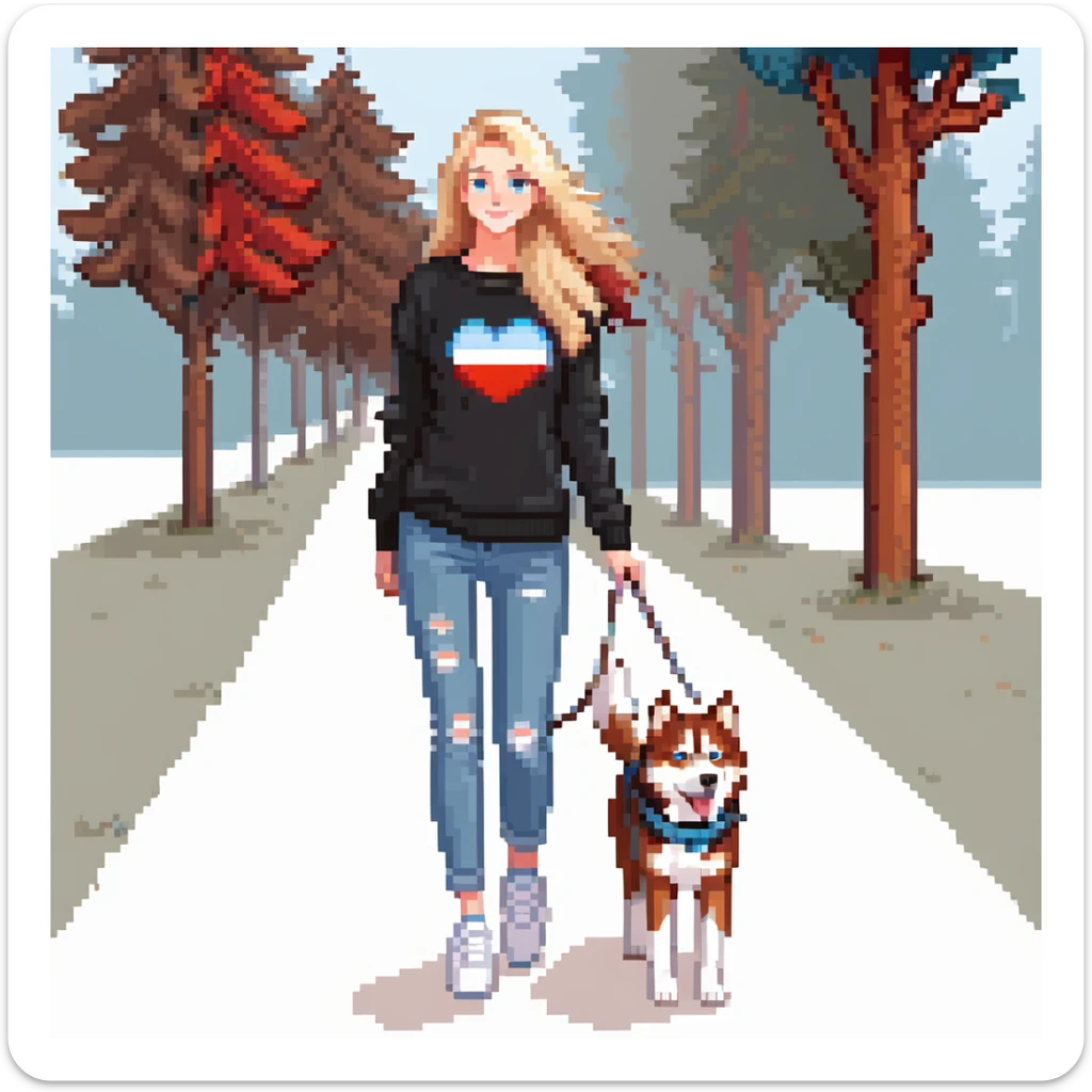 Cute Blonde woman wearing a black sweater and jeans and white sneakers walking a happy red-brown blue-eyed Siberian husky in New York City on an upper east side city sidewalk  sticker