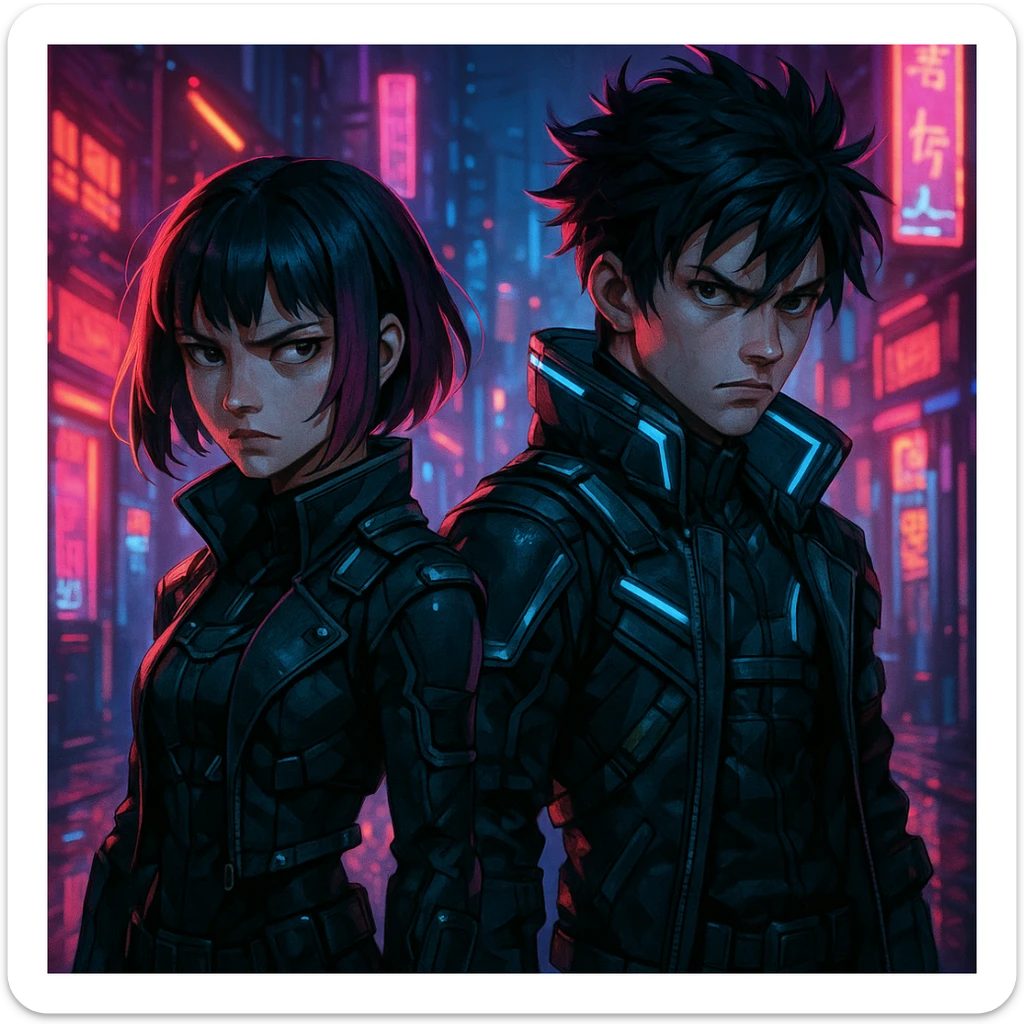 Maretu and Xydrick in a cyberpunk setting, neon lights, futuristic outfits, intense expressions sticker