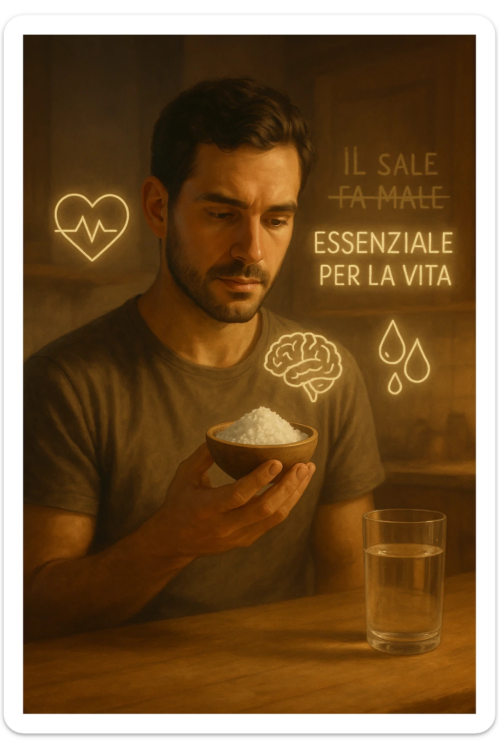 A realistic, cinematic illustration of a man in his early 30s holding a small bowl of unrefined sea salt in his hand, looking at it with awareness and respect. Around him, glowing minimalistic symbols of a beating heart, a brain, and hydrated cells appear, indicating the essential role of sodium in hydration, nerve conduction, and overall cellular health. In the background, faint text or floating words show the false myths: ‘Il sale fa male’, crossed out gently, while the phrase ‘Essenziale per la vita’ glows softly. The setting is a warm, softly lit kitchen with a glass of water nearby, emphasizing balance. The color palette is warm, natural, and calming, emphasizing that salt, when used consciously, is vital for human health, against common misconceptions demonizing it. sticker