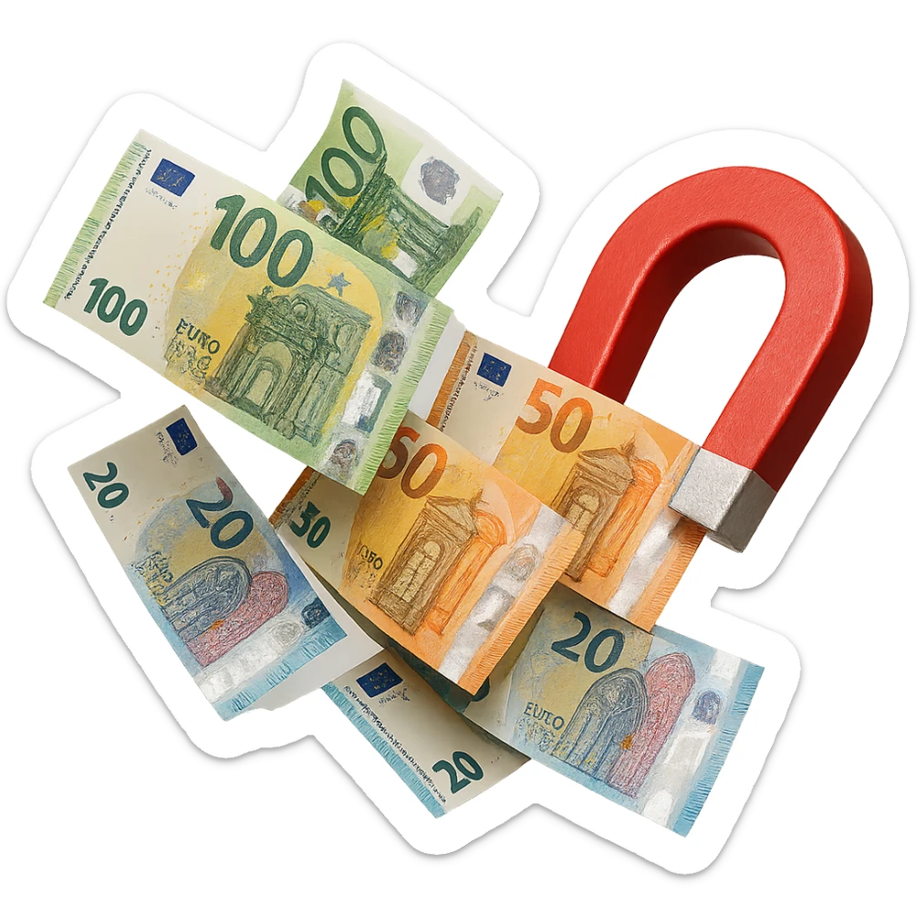 banconote di euro fluttuano vicino ad una calamita rossa, sono attratte, iperrealistico 4k sticker