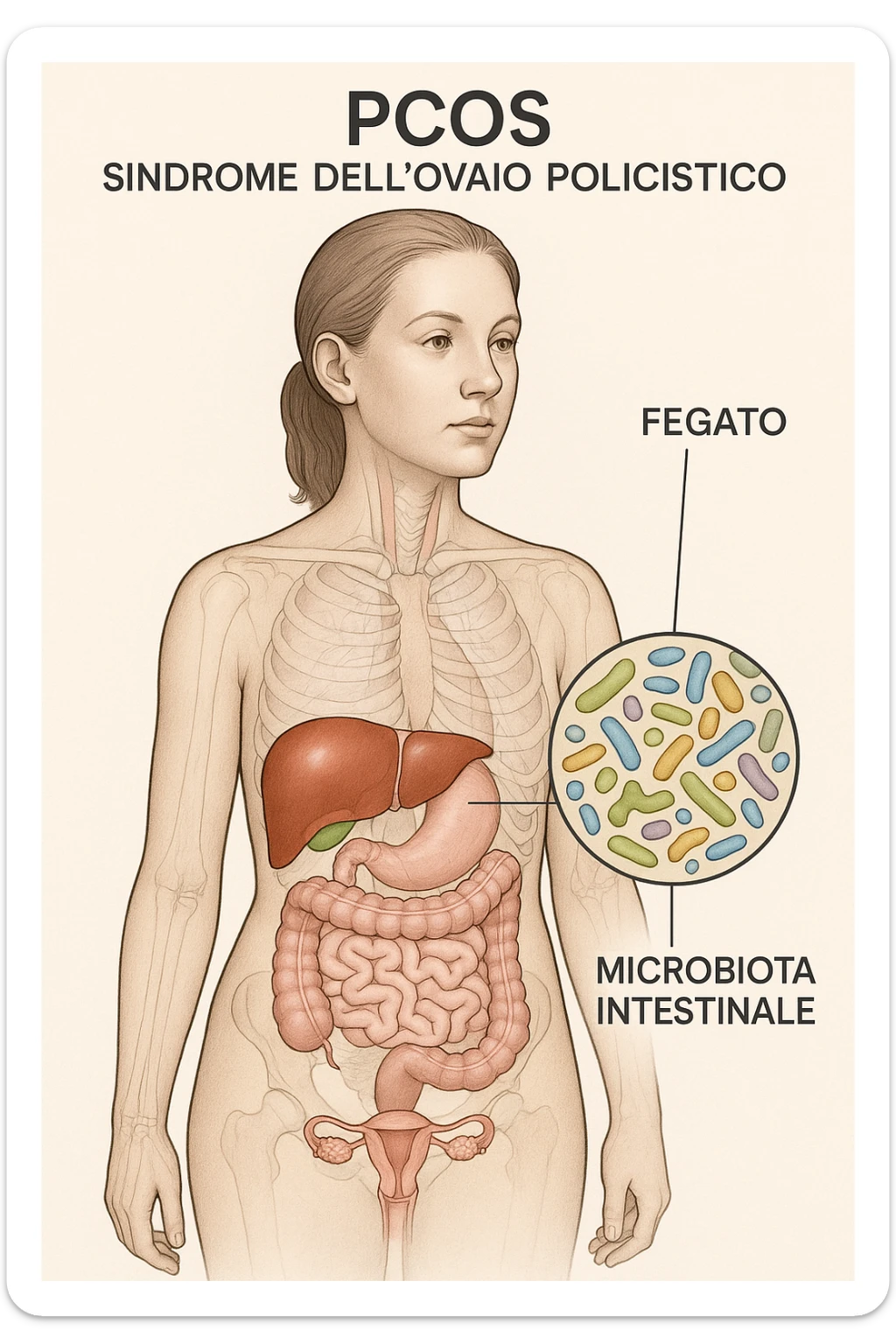 donna con supporto fegato e microbiota in 3D immagine medica donna pcos in italiano  sticker