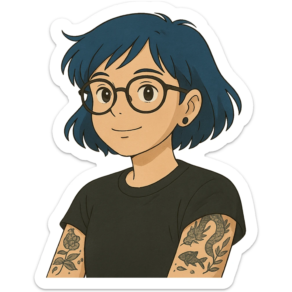 ghibli style portrait of a person with blue hair, glasses, and tattoos sticker