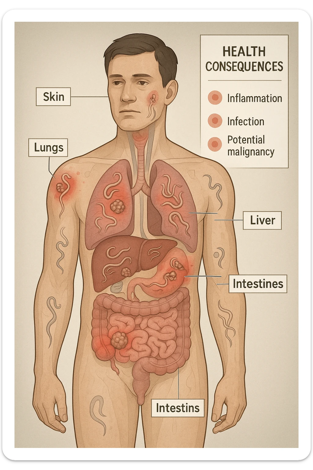 a semi-transparent view of a man’s body reveals numerous parasitic organisms inside his organs and tissues. Some areas are highlighted with red or inflamed zones, and small tumor-like masses are visible where the parasites cluster. The background is clinical and educational, with labels pointing to affected organs and a sidebar showing the health consequences. sticker