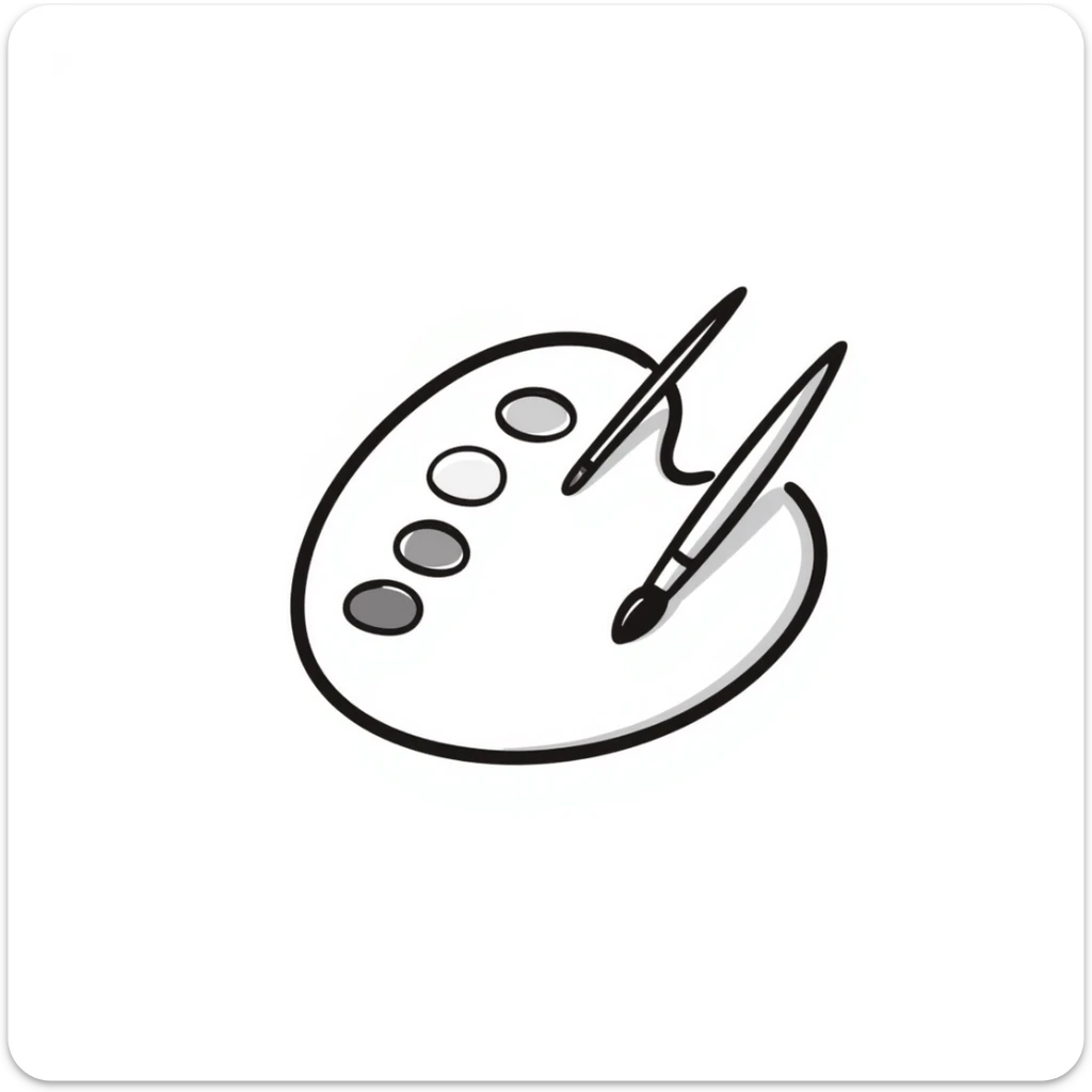 An artist's paint palette with thumb hole and paint colors in pastel colors (dd9fb0, ffc6d3, a3bfc9, c4bee2, f1b091), hand-drawn doodle style sticker