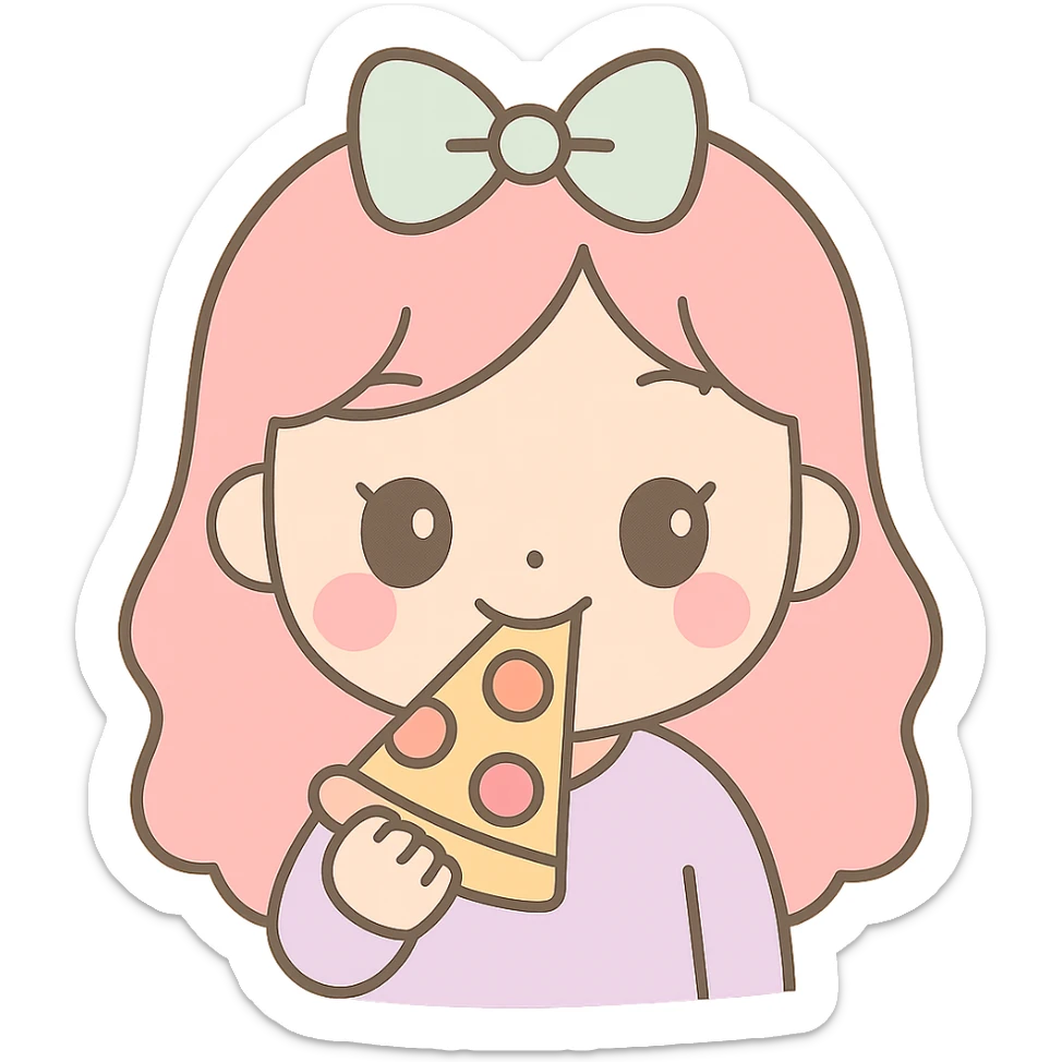 Make the girl eat pizza and look like she is enjoying it, same kawaii chibi anime style, flat pastel colors, thick outlines, simple cute features, transparent background. sticker