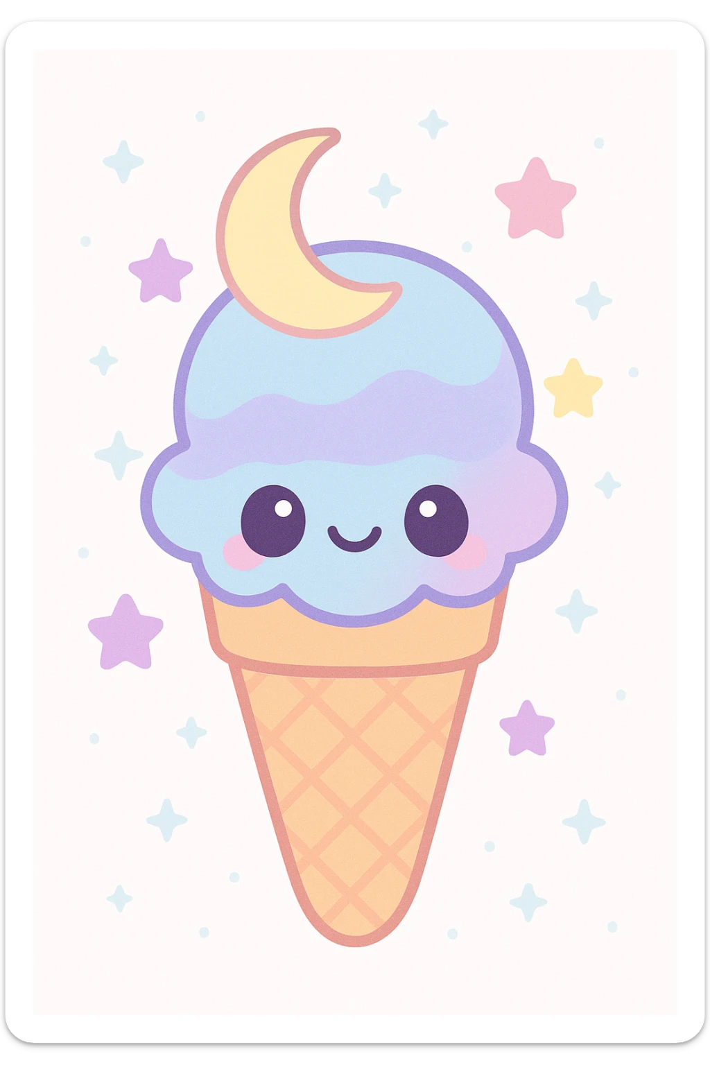 moonbeam ice cream, kawaii style, smiling face, stars, blue and purple hues sticker