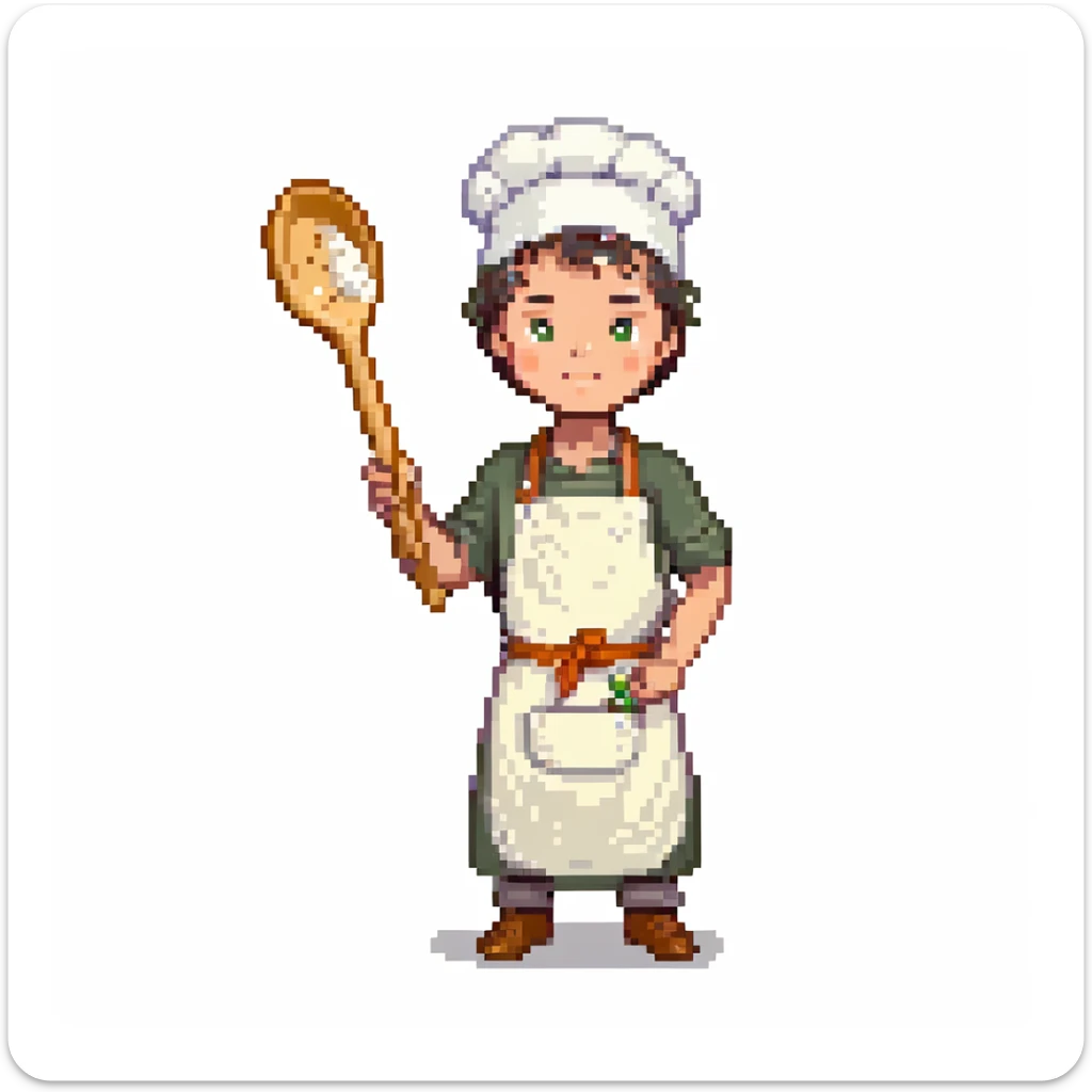 Portrait of a young baker with a simple cloth apron, flour on his hands and cheeks, holding a wooden spoon, skeuomorphism style sticker