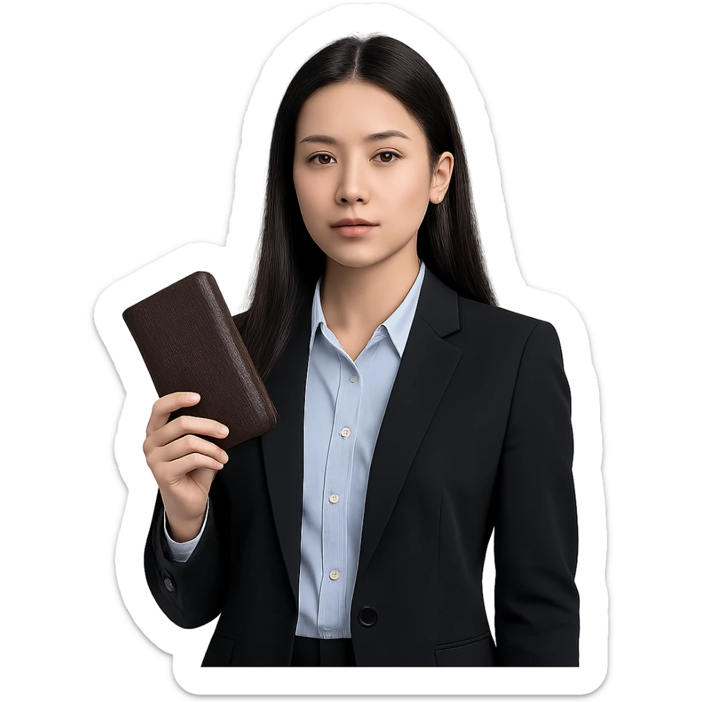 a girl with long black hair, neutral expression, wearing business style clothes including shirt and jacket, holding a wallet as an accessory, professional and clean style sticker