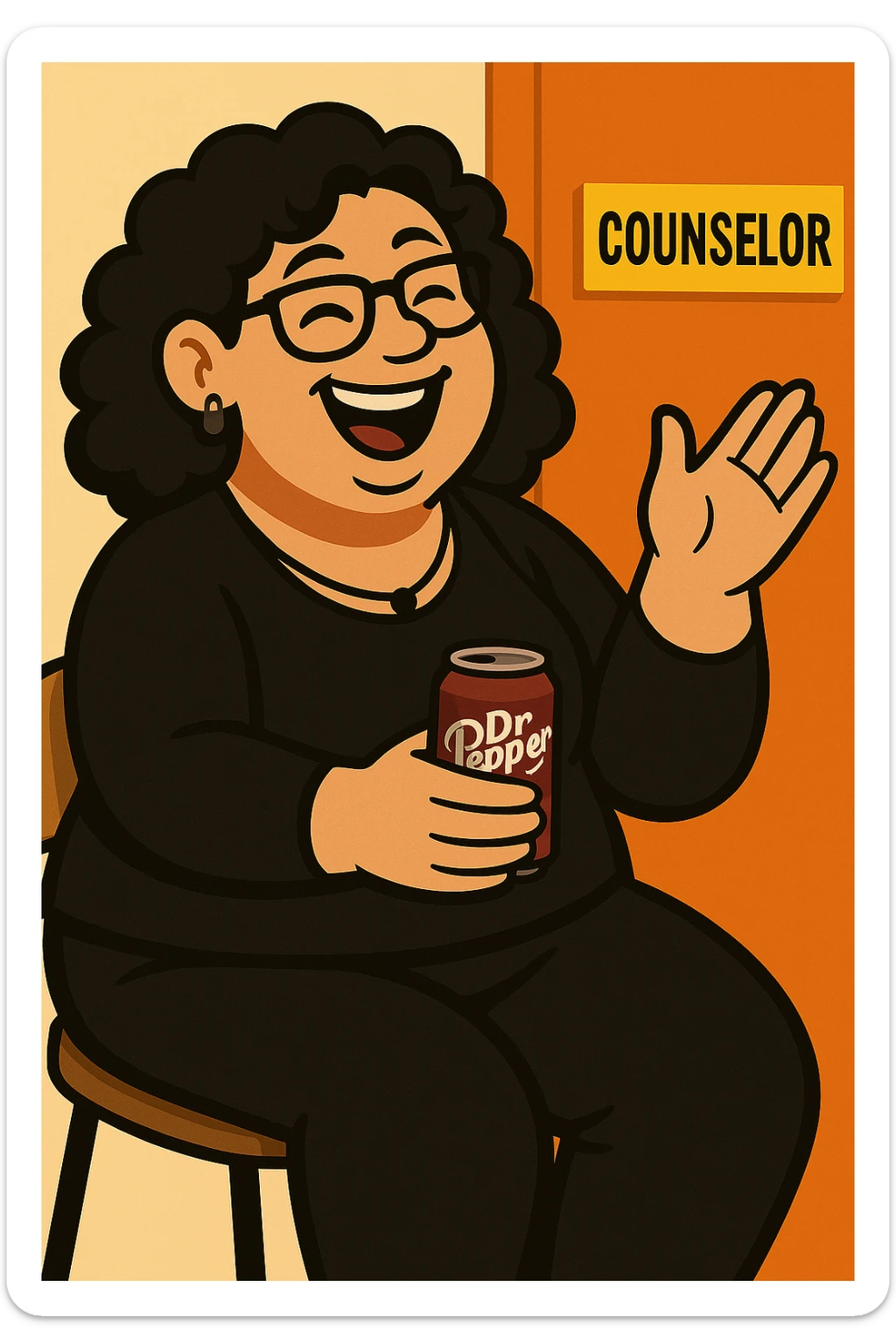 Add jewelry including earrings and a necklace, dress her in black clothes, and put a Dr Pepper soda in her hand. Keep her fun and approachable in the style of the original image. sticker