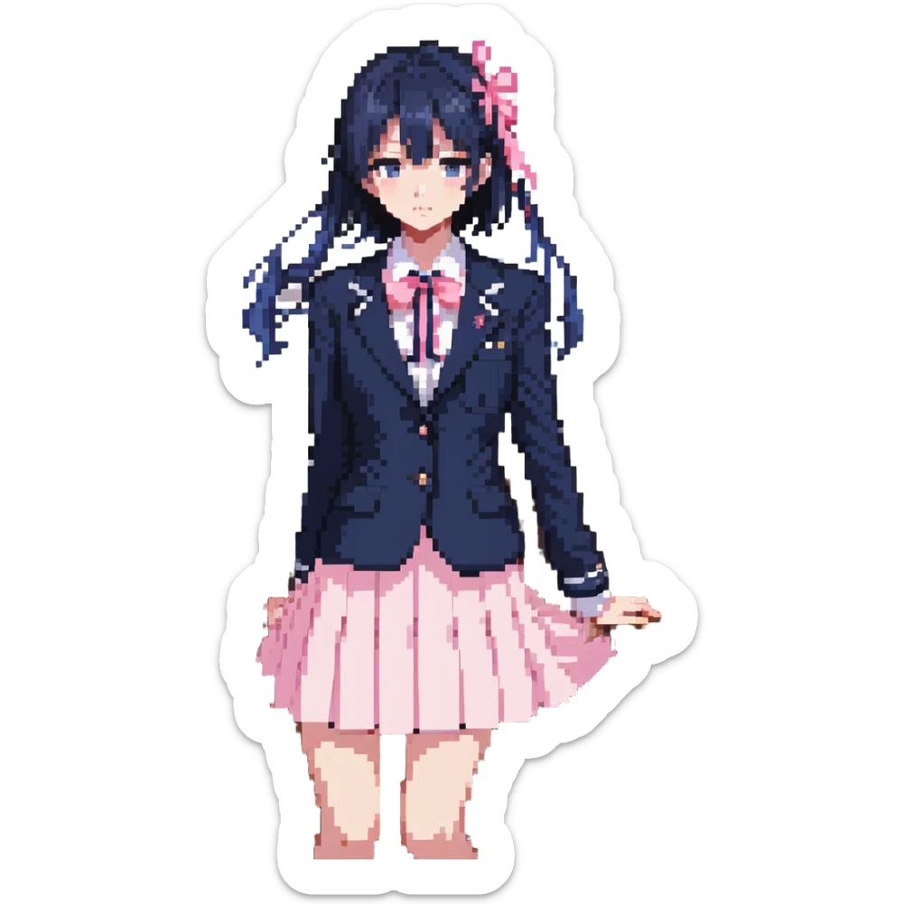 Japanese anime schoolgirl in a navy blazer, white blouse with pink ribbon, navy pleated skirt, standing in a classroom at sunset with orange glow and long shadows, one desk pulled out, black shoes, looking toward window, mood of absence and longing sticker