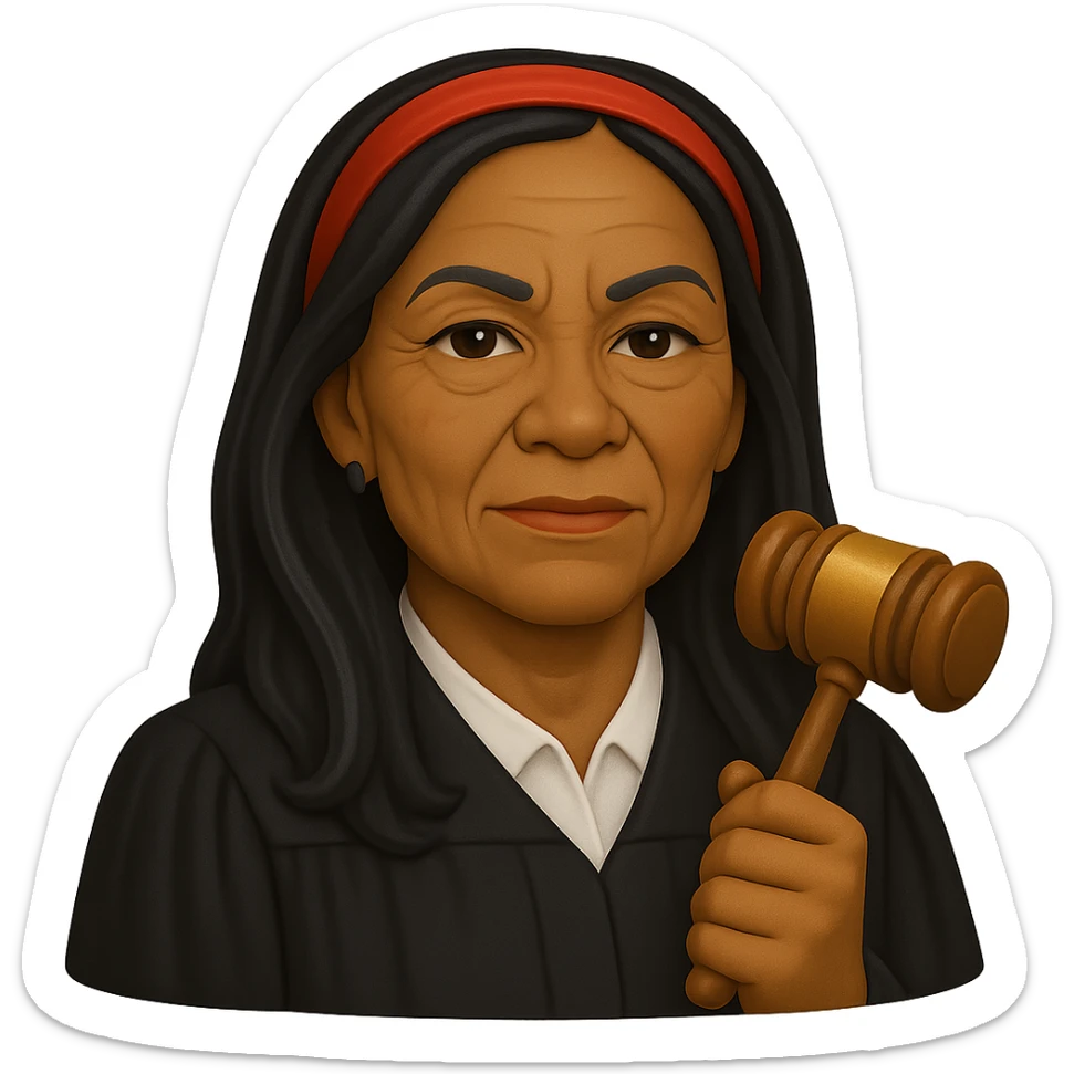 Make the Black woman lawyer look older, with gentle wrinkles and a mature, assertive look. Keep the long black hair, red headband, and strong, sharp personality. Render in emoji style with transparent background. sticker