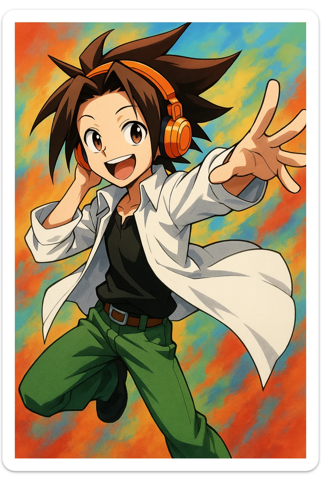 Yoh Asakura, cheerful, spiky brown hair, orange headphones, wearing a white overshirt and green pants, anime style sticker