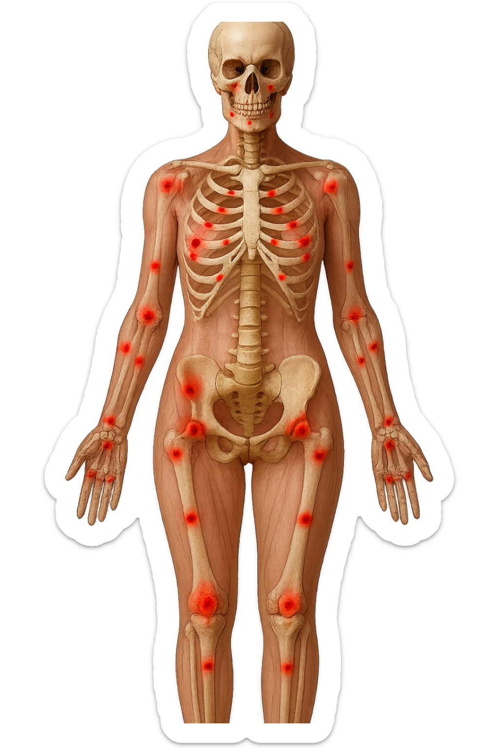corpo umano anatomico di una donna affetta da fibromialgia, red spot sparsi sulle sue ossa, iperrealistica 4k sticker