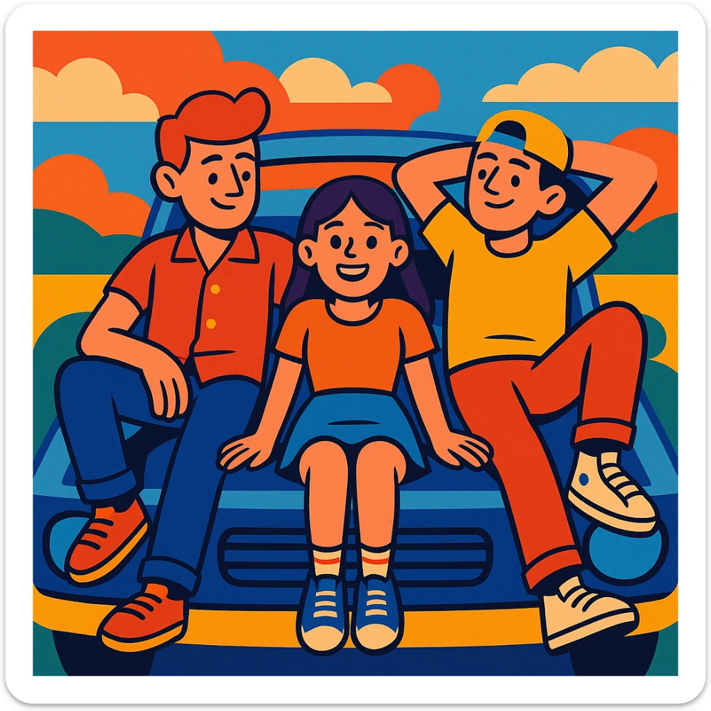 two guys laying on the hood of a car with a girl between their legs, vibrant and playful style sticker