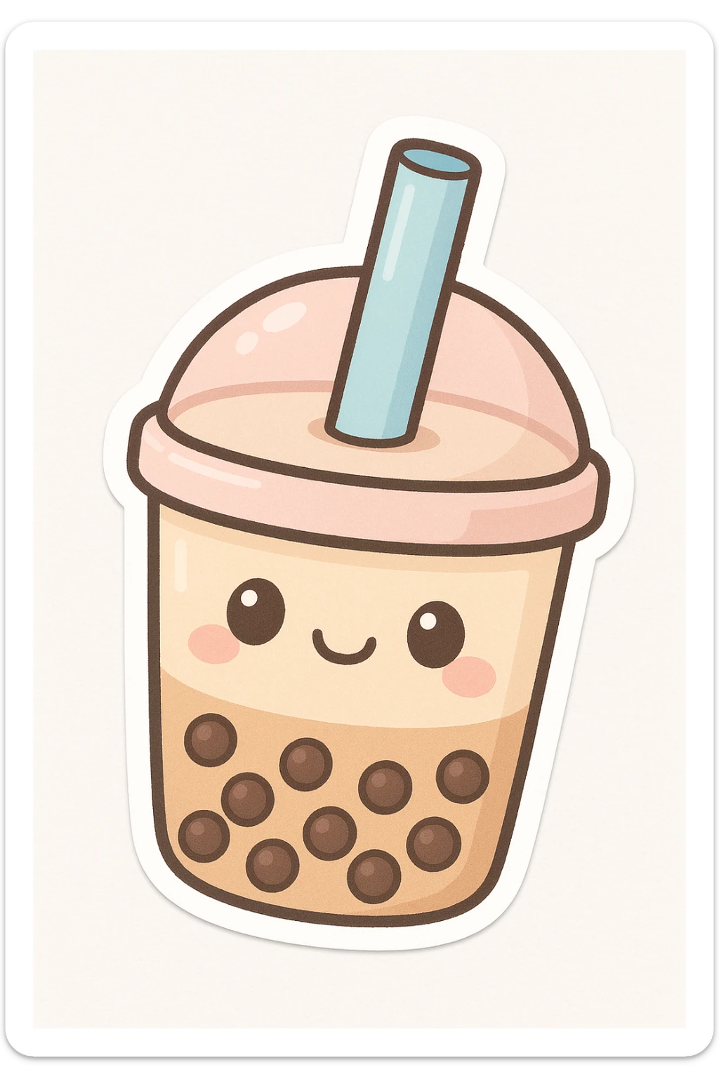 chibi sticker of a smiling boba tea cup with a straw, kawaii face, pastel colors, white background sticker