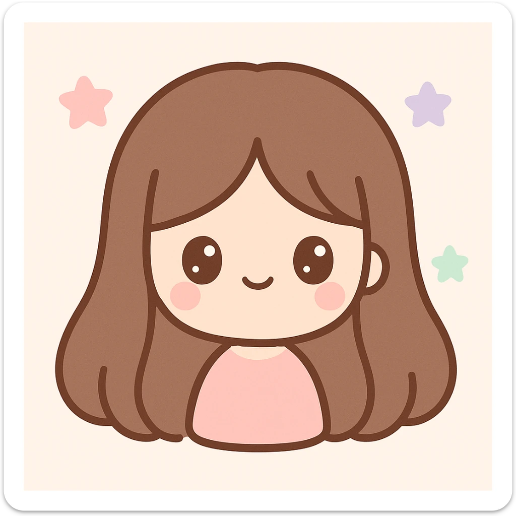 pale skin girl with long brunette hair and brown eyes, kawaii cute style sticker