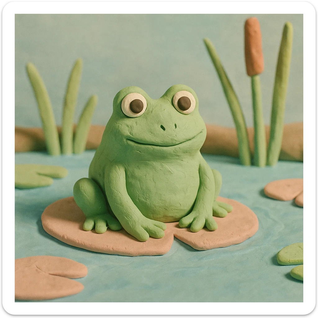 frog sitting in a pond with visible water lilies and reeds, soft pastel colors, claymation style sticker