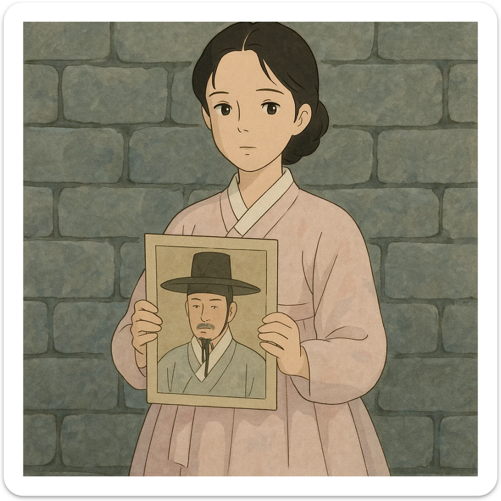 a young woman in a pale pink sheer hanbok holding a traditional Korean portrait in front of a grey stone wall, muted color palette, serene mood, ghibli style sticker