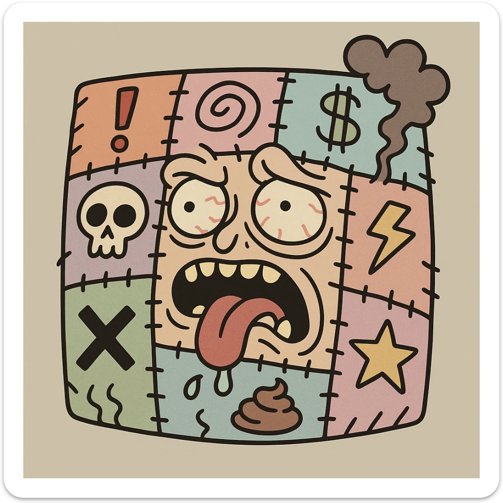 A chaotic patchwork quilt emoji with mismatched symbols and icons, evoking a deliberately absurd and brain-melting feel, grotesque and nonsensical sticker